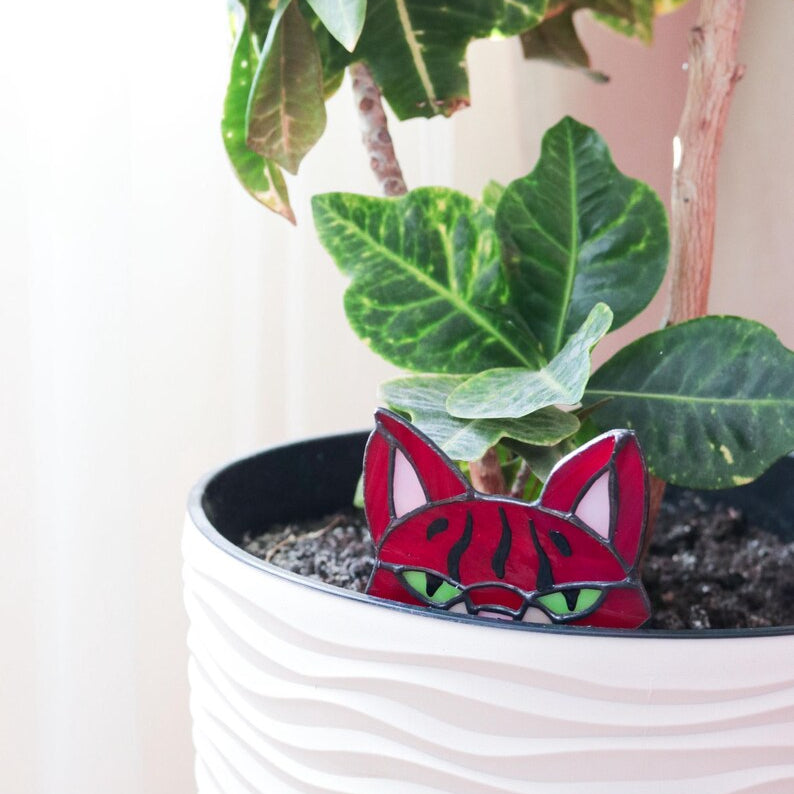 🐱 Stained Glass Cat Plant Topper – Whimsical Garden Decor