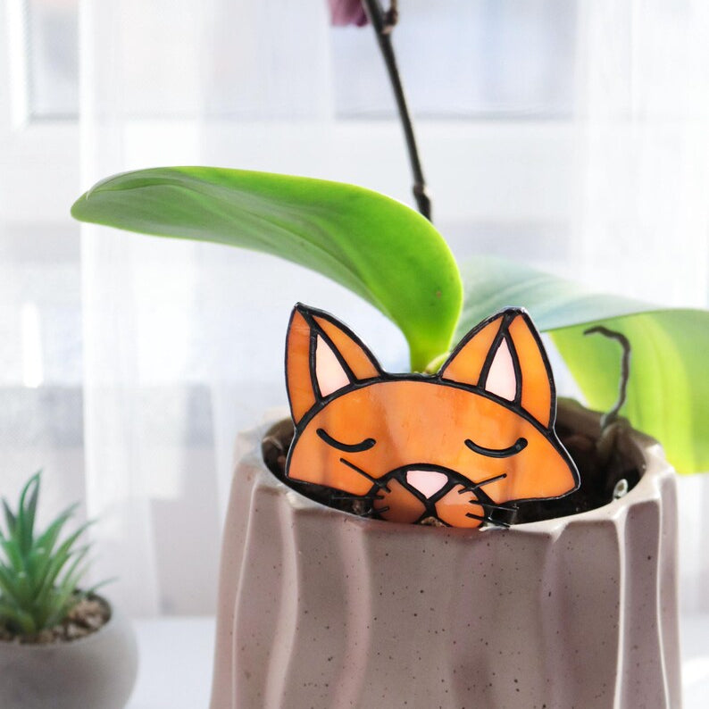 🐱 Stained Glass Cat Plant Topper – Whimsical Garden Decor