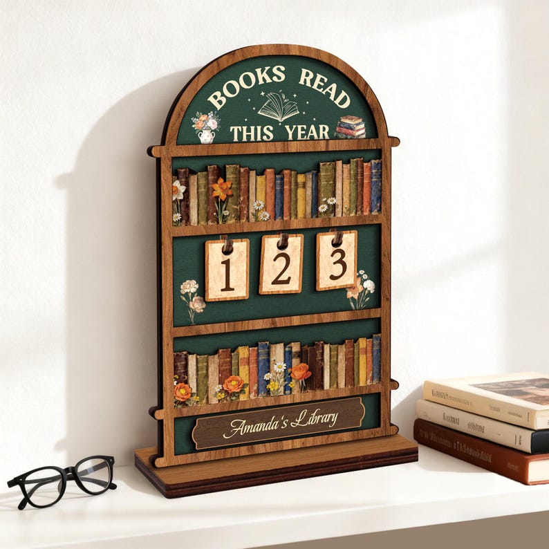 📚 Personalized Reading Tracker – Vintage Arched Wooden "Books Read This Year" Counter