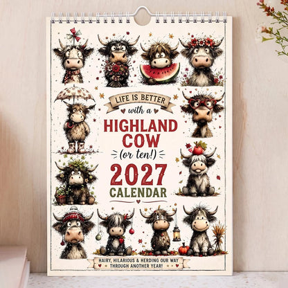 2027 Highland Cow Wall Calendar – Cute Monthly Planner Calendar, Farmhouse Animal Desk & Wall Calendar with Notes Section