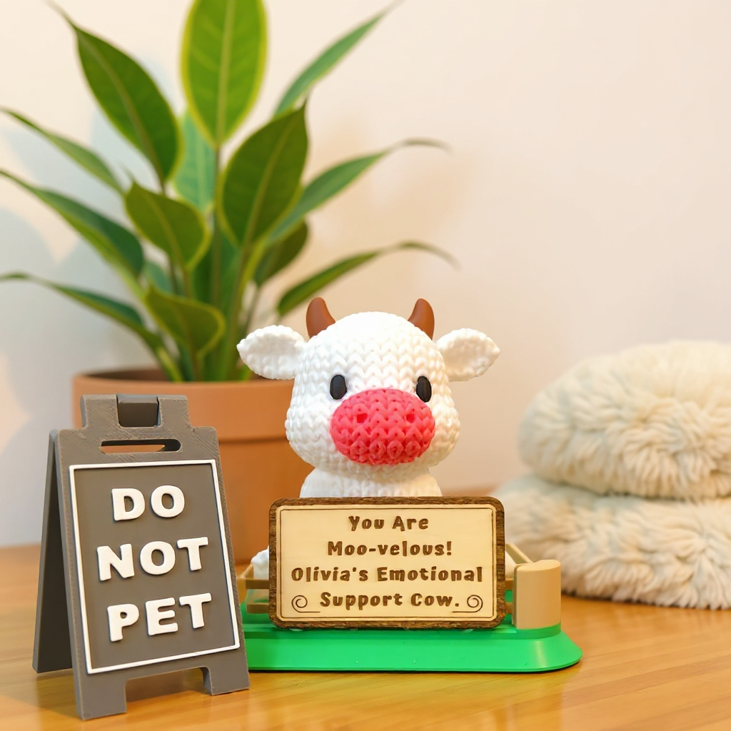 Emotional Support Cow Desk Buddy | Personalized Cow with Custom Wooden Sign