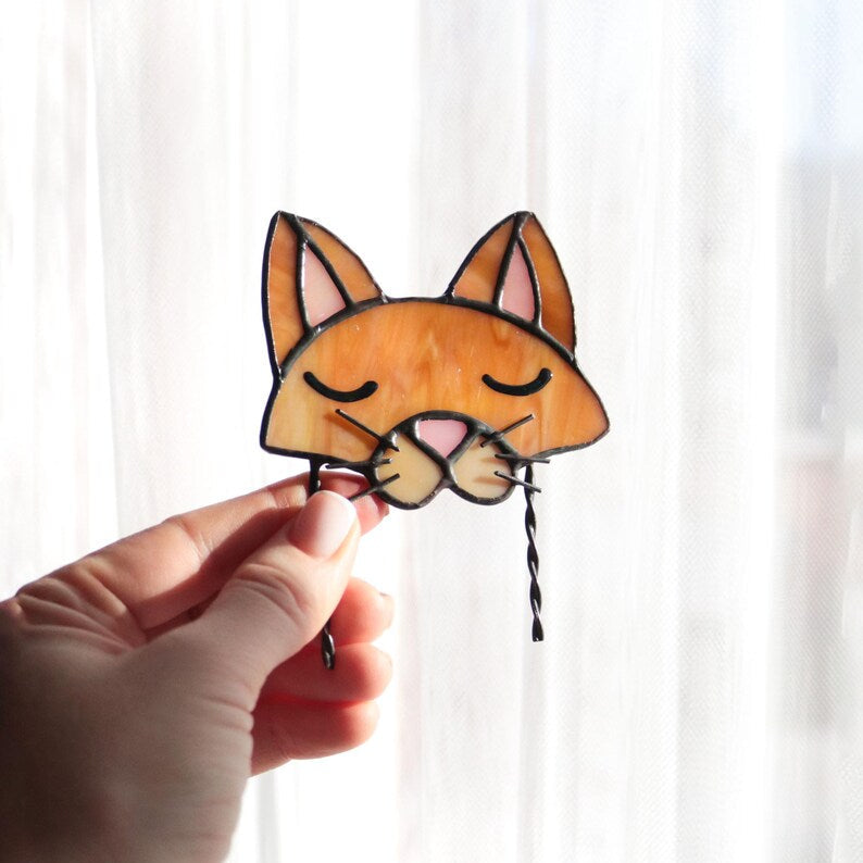 🐱 Stained Glass Cat Plant Topper – Whimsical Garden Decor