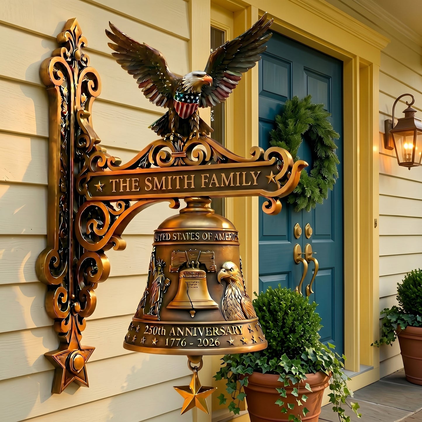 🦅 Custom Patriotic Family Name Bell Plaque – Personalized American Eagle Wall Decor