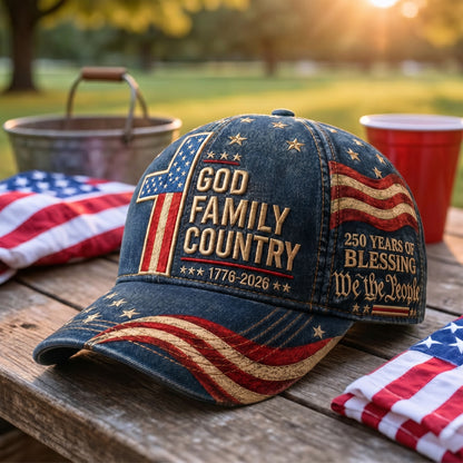 Premium Patriotic Baseball Cap: God, Family, Country – 250th Anniversary Edition