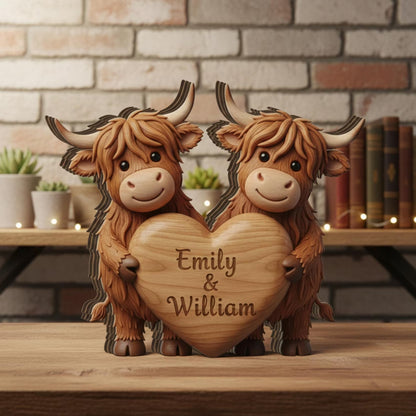 🐮 Personalized Highland Cow Couple Wooden Sign