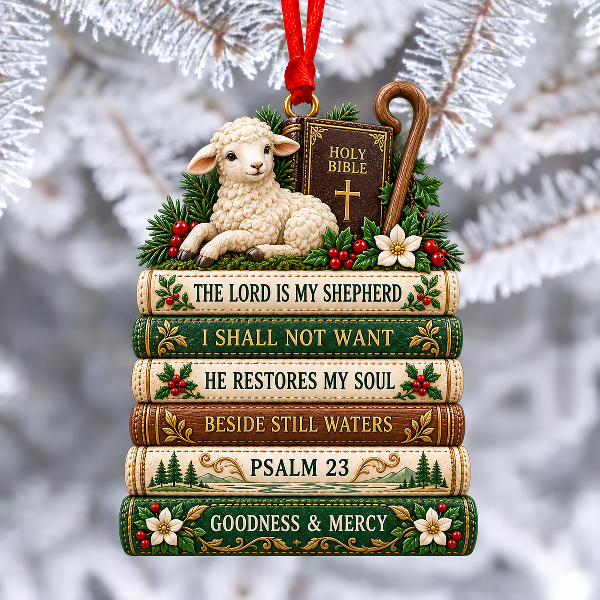 📖 Christian Bible Verse Book Stack Ornament – Faith-Inspired Hanging Decor