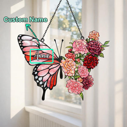 Custom Birth Flowers Suncatcher, Butterly Window Hanging, Birth Flower Gift