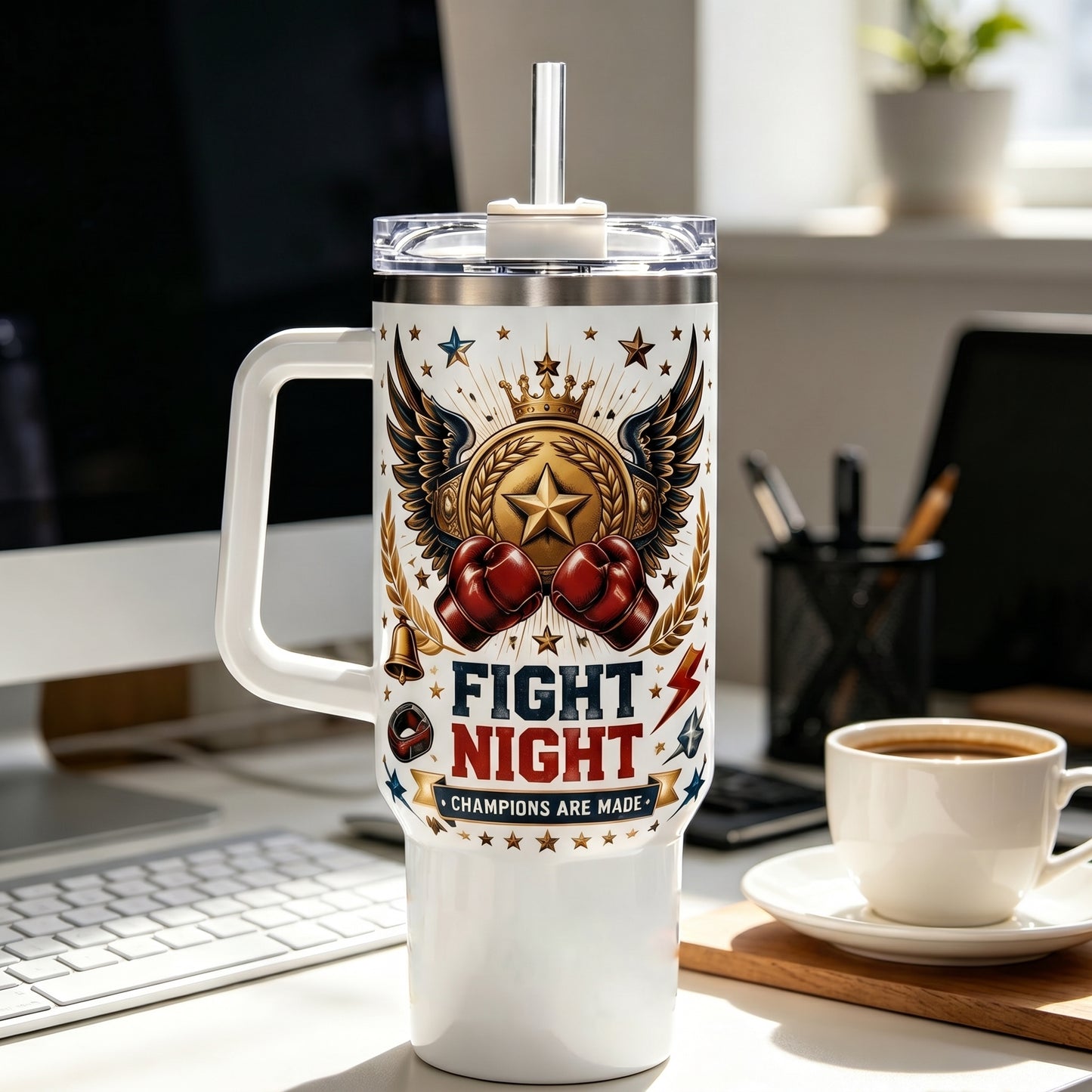 🥊 "Fight Night / Champion Spirit" Boxing Tumbler-40oz Heavyweight Spirit with Handle & Straw