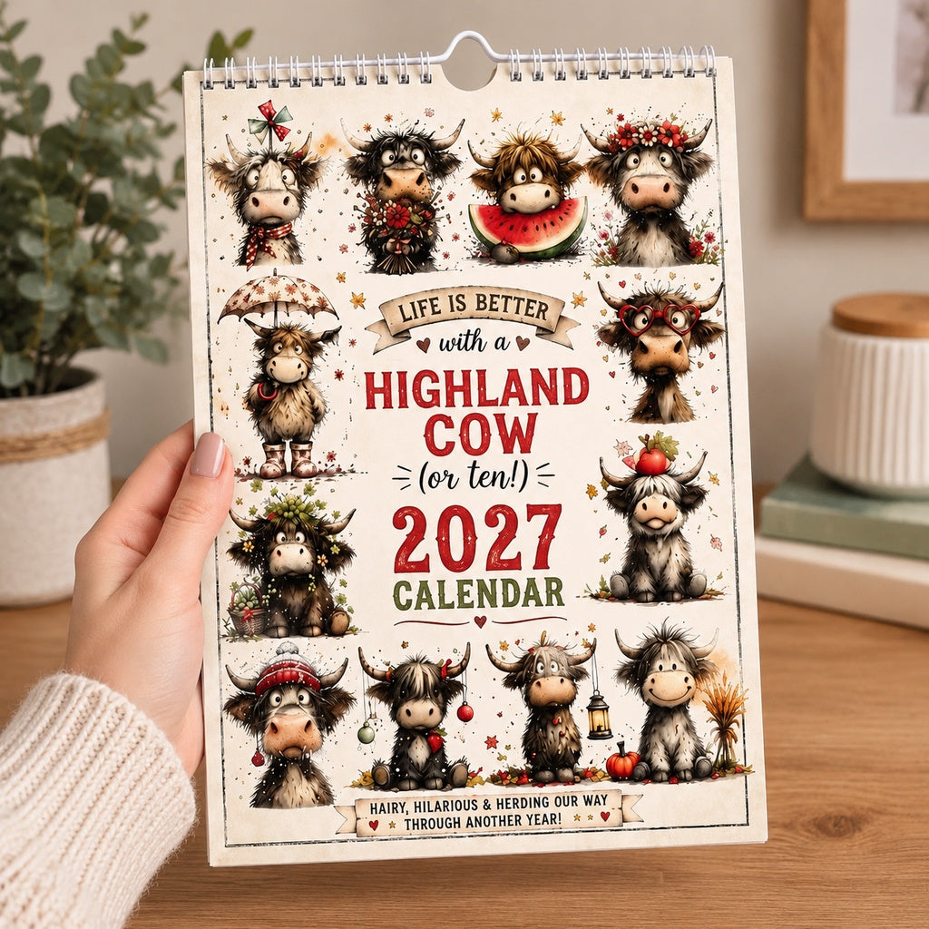 2027 Highland Cow Wall Calendar – Cute Monthly Planner Calendar, Farmhouse Animal Desk & Wall Calendar with Notes Section