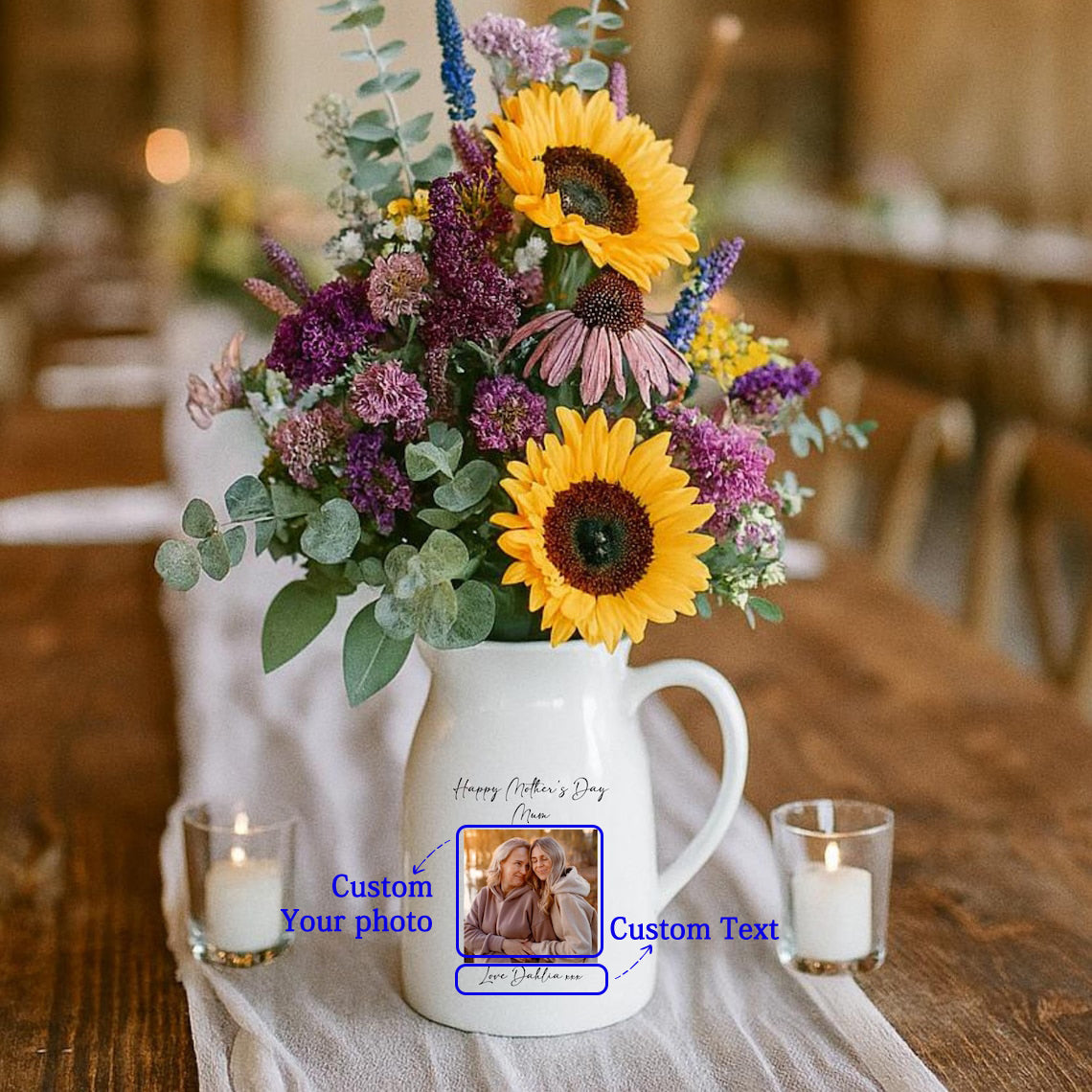 Personalized Mother’s Day Ceramic Pitcher Vase – Custom Photo & Message