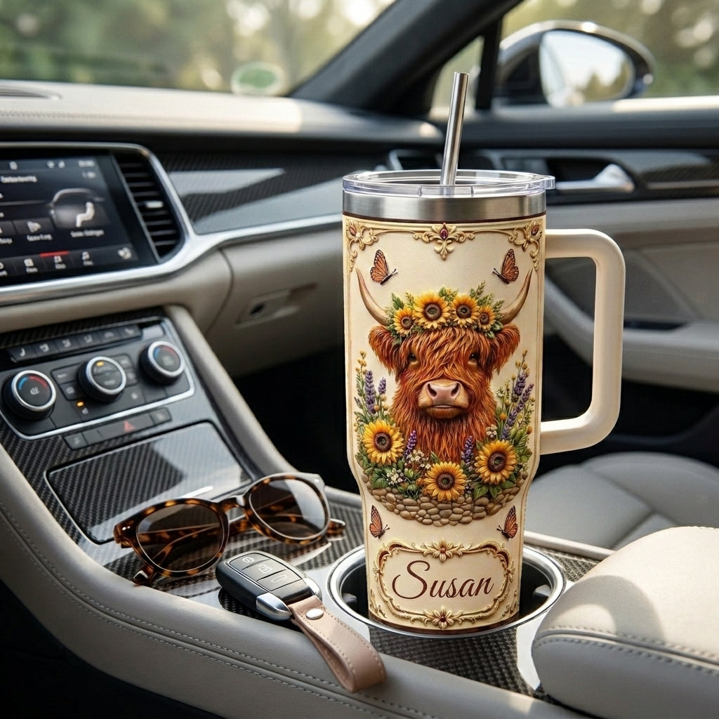 Personalized Highland Cow Sunflower Tumbler