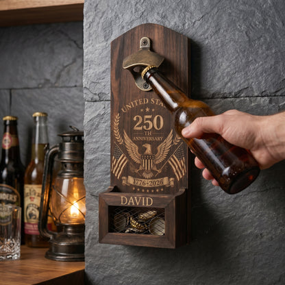 USA 250th Anniversary Personalized Wooden Bottle Opener with Cap Catcher