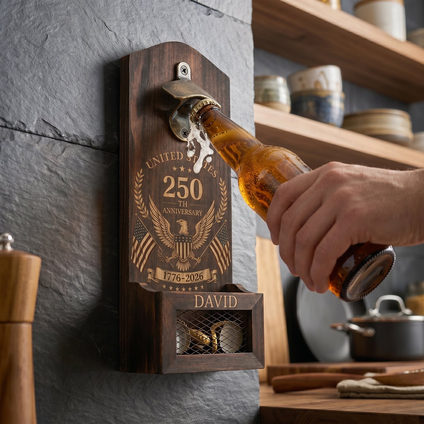 USA 250th Anniversary Personalized Wooden Bottle Opener with Cap Catcher