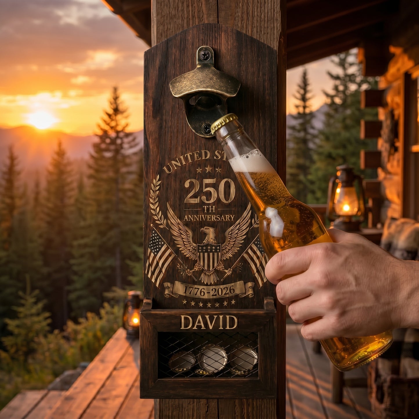 USA 250th Anniversary Personalized Wooden Bottle Opener with Cap Catcher