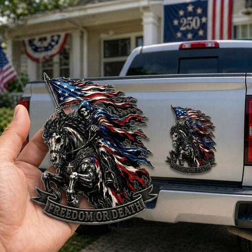 ☠️ "Freedom or Death" Metal USA Flag Skeleton Rider Emblem