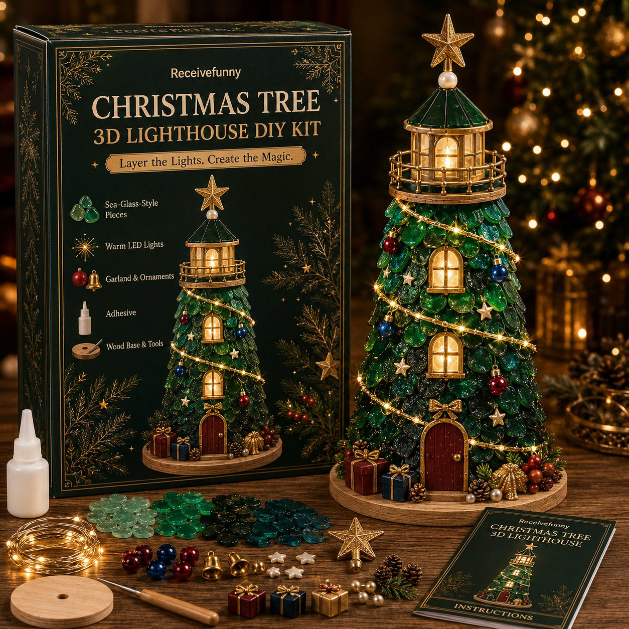🎄Beginner-Friendly DIY Lighted Christmas Character Sea Glass-Style Lighthouse Kit Collection | Complete Kit with Sea Glass-Style Pieces, LED Lights & Step-by-Step Guide Included