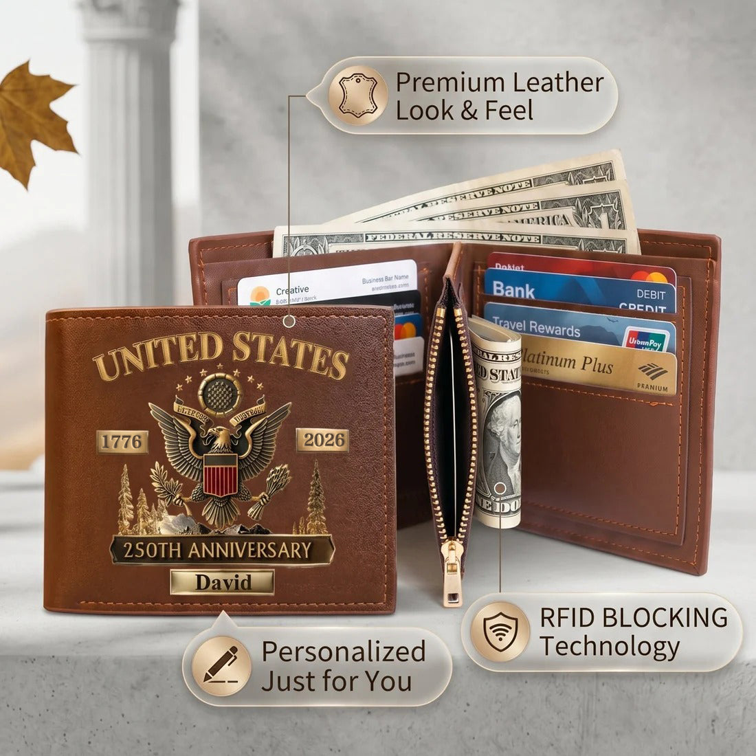 Personalized U.S. Army 250th Anniversary Leather RFID BLOCKING Wallet（copy）