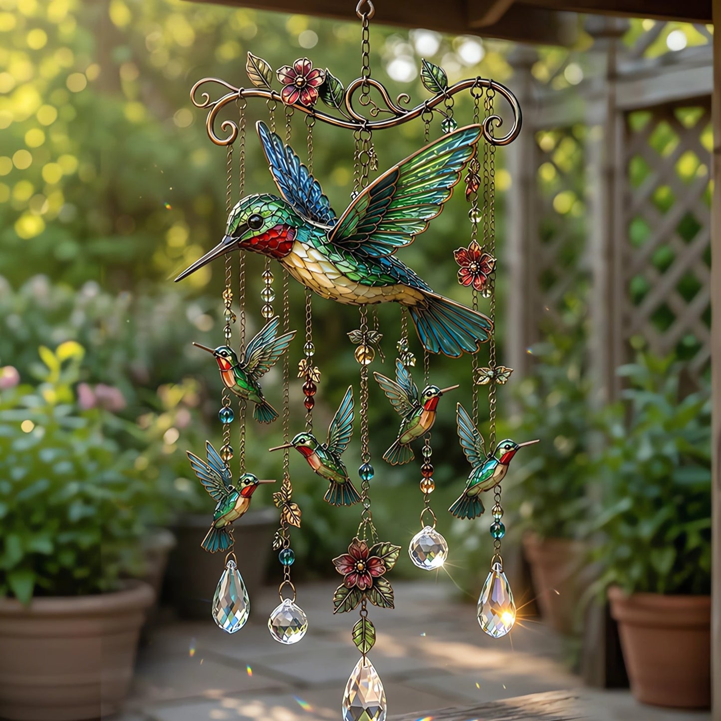 🐦 Stained Hummingbird Wind Chime – A Heavenly Melody for Your Garden