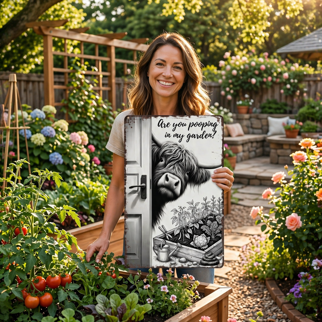🔥Funny Vintage Highland Cow Sign – "Are You Pooping In My Garden?" Wall Decor😂