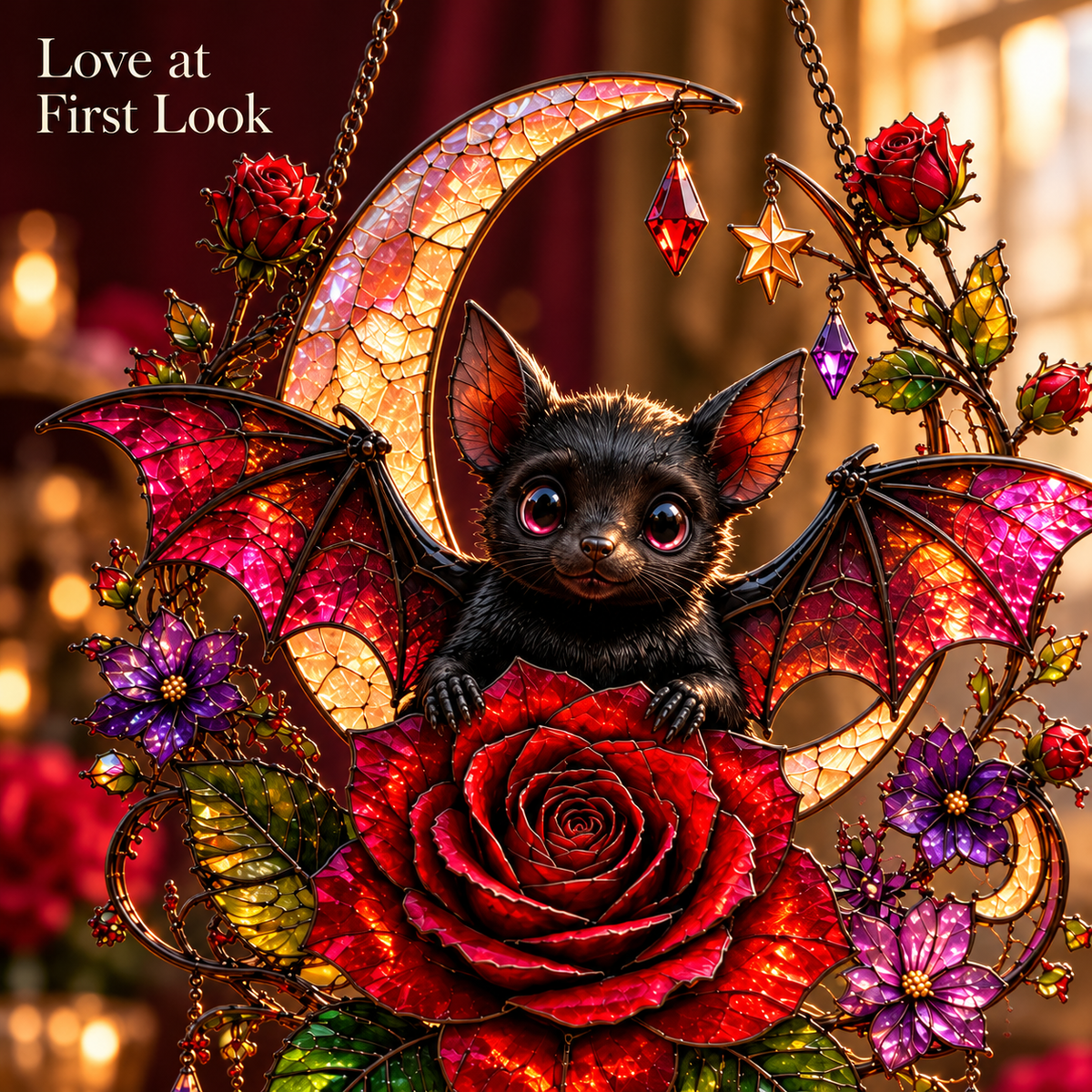 🦇 Gothic Bat & Crimson Rose Moon Suncatcher