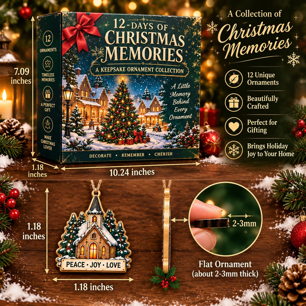 12 Days of Christmas Memories Keepsake Ornament Set – 12 Unique Wooden Christmas Tree Ornaments in Gift Box
