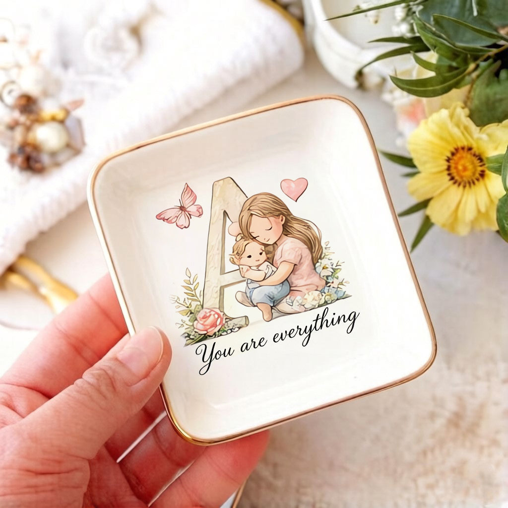 💍 Personalized Initial Jewelry Tray – “You Are Everything” with Floral Design