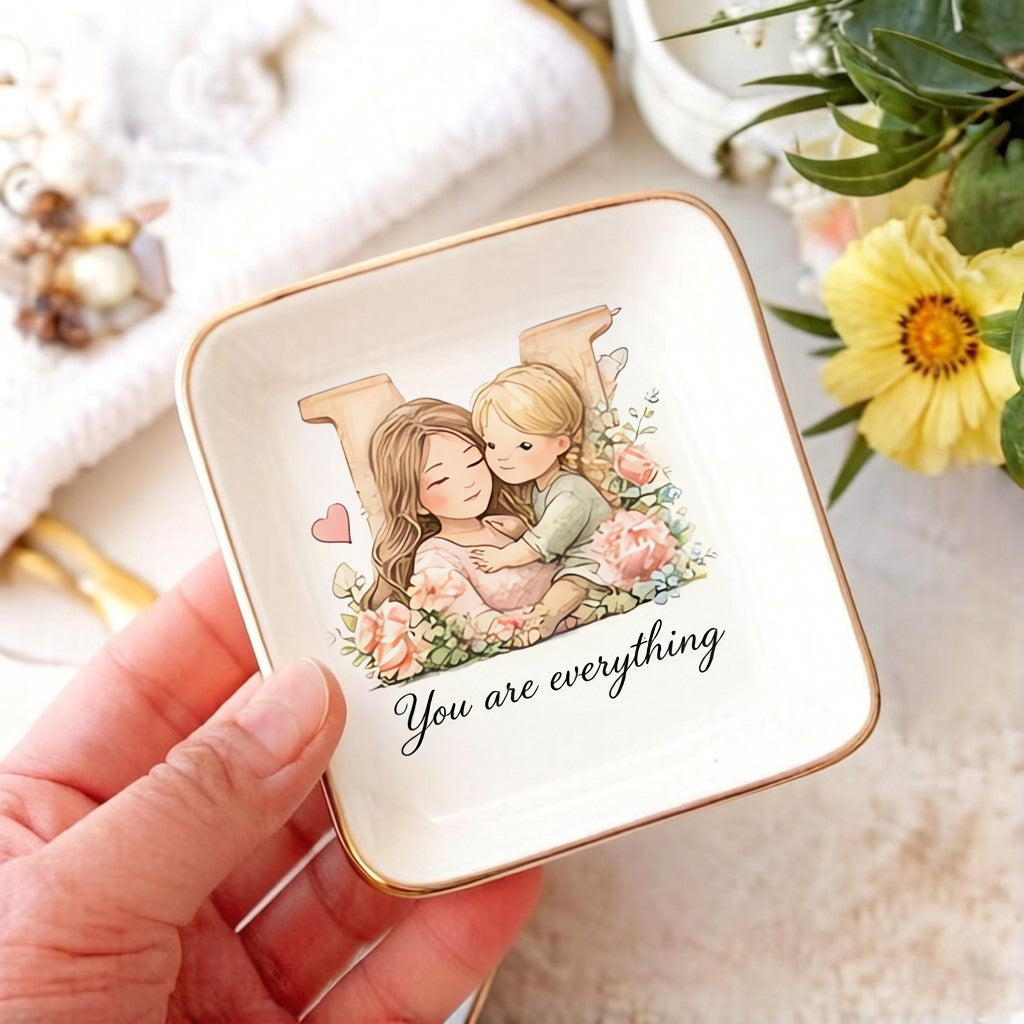 💍 Personalized Initial Jewelry Tray – “You Are Everything” with Floral Design