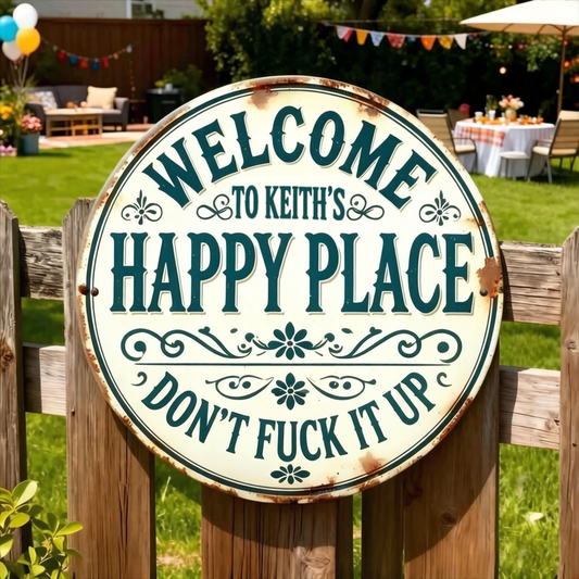 🌿 Personalized Vintage Rustic 'Happy Place' Metal Sign – Whimsical Home & Patio Decor
