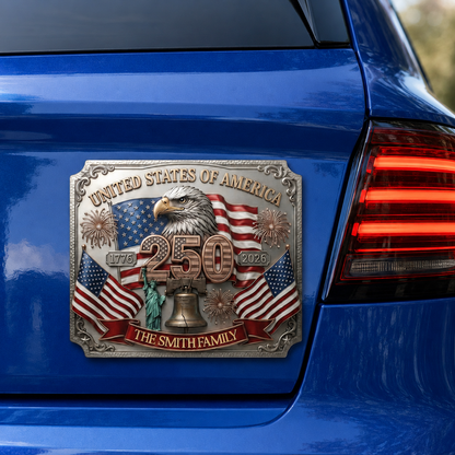 Personalized USA 250th Anniversary Family Magnetic Car Decal – 1776-2026 Patriotic Metal Emblem