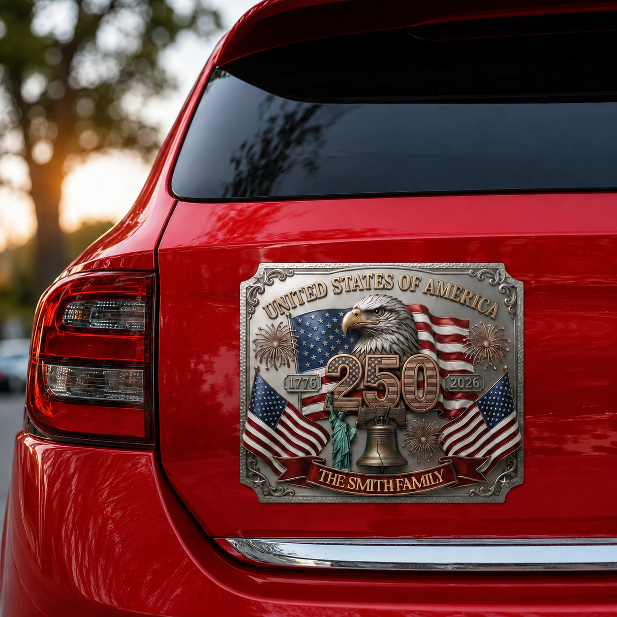 Personalized USA 250th Anniversary Family Magnetic Car Decal – 1776-2026 Patriotic Metal Emblem