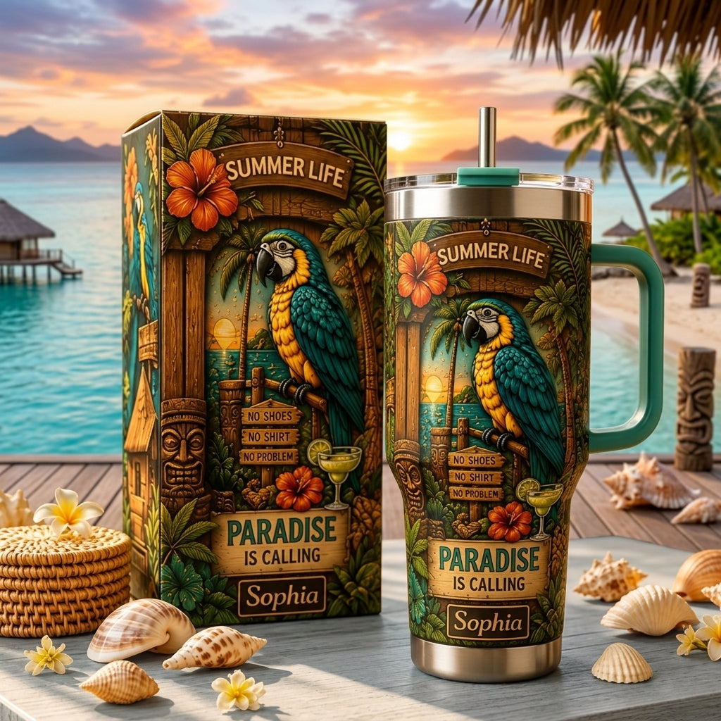 Personalized Summer Life Tropical Parrot Beach Handle Tumbler