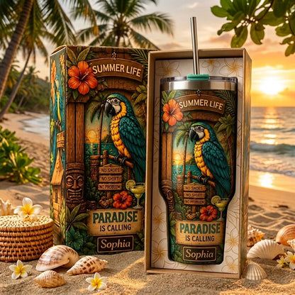 Personalized Summer Life Tropical Parrot Beach Handle Tumbler
