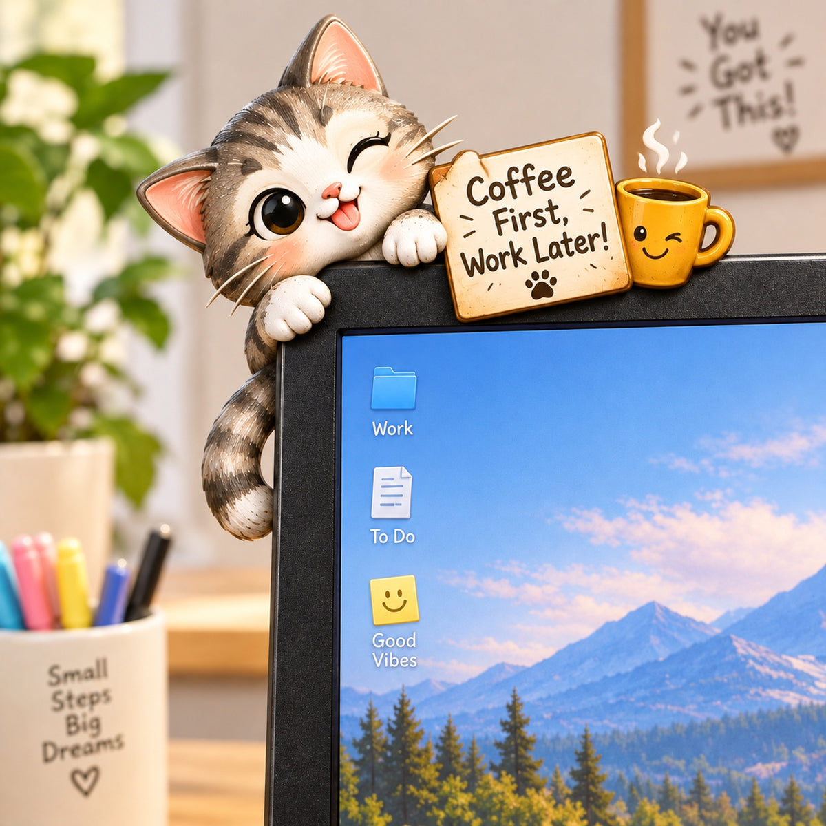 Cute Animal Monitor Topper / Desk Edge Decoration – Wooden Computer Corner Ornament