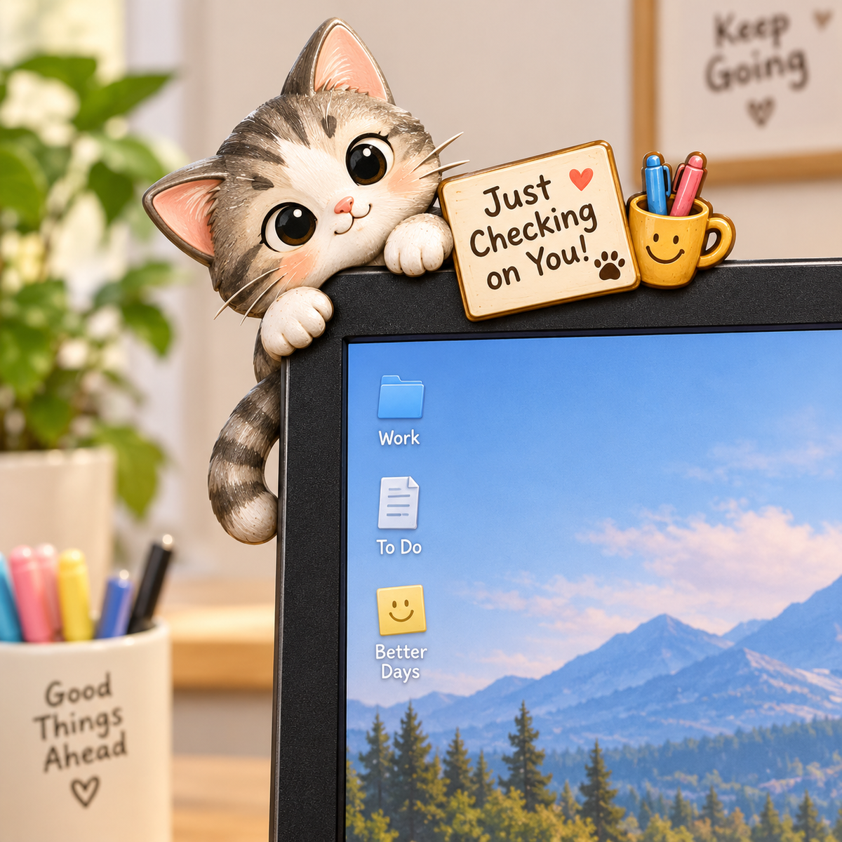 Cute Animal Monitor Topper / Desk Edge Decoration – Wooden Computer Corner Ornament