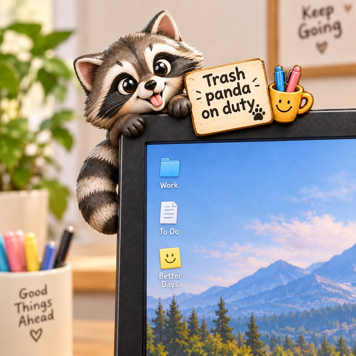 Cute Animal Monitor Topper / Desk Edge Decoration – Wooden Computer Corner Ornament