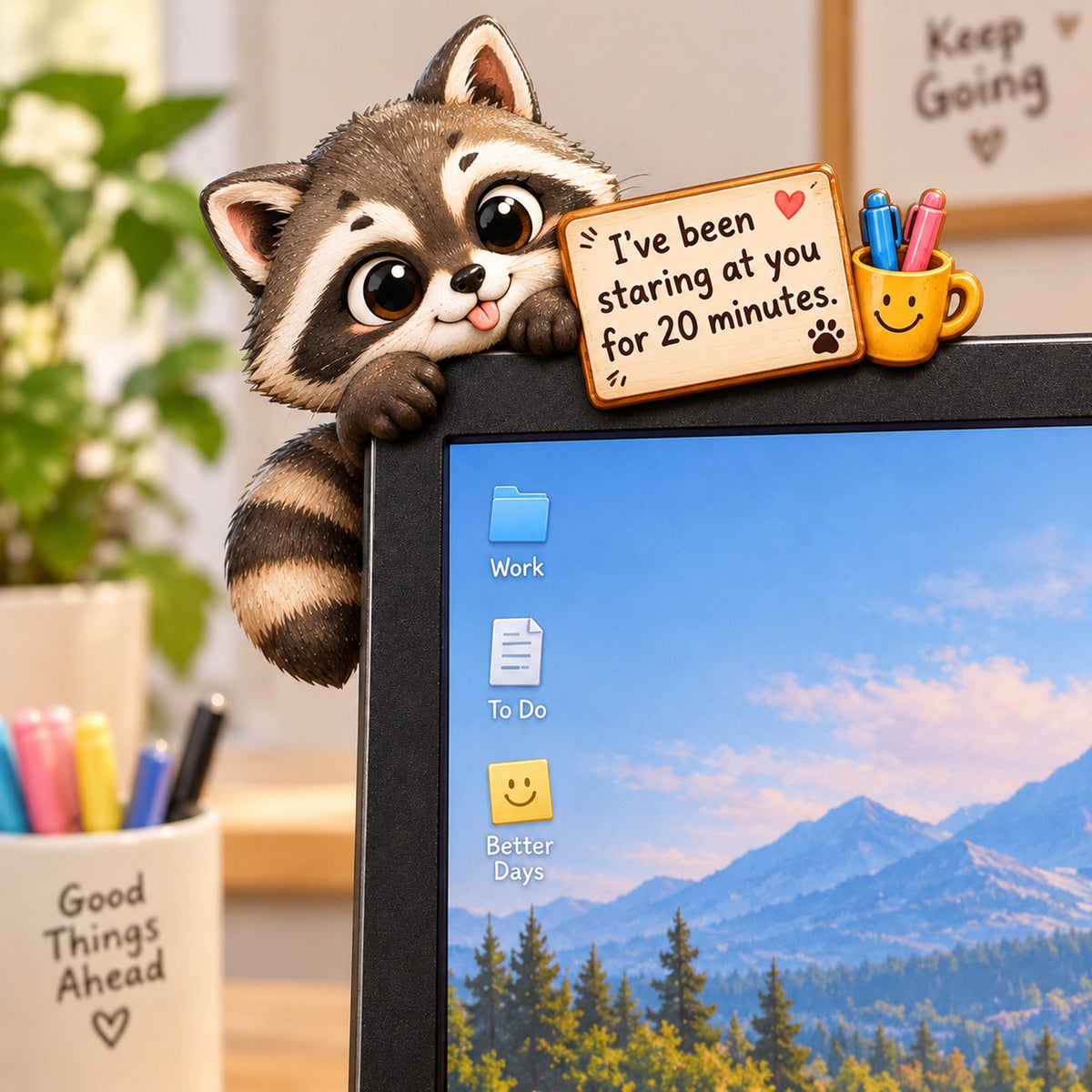 Cute Animal Monitor Topper / Desk Edge Decoration – Wooden Computer Corner Ornament