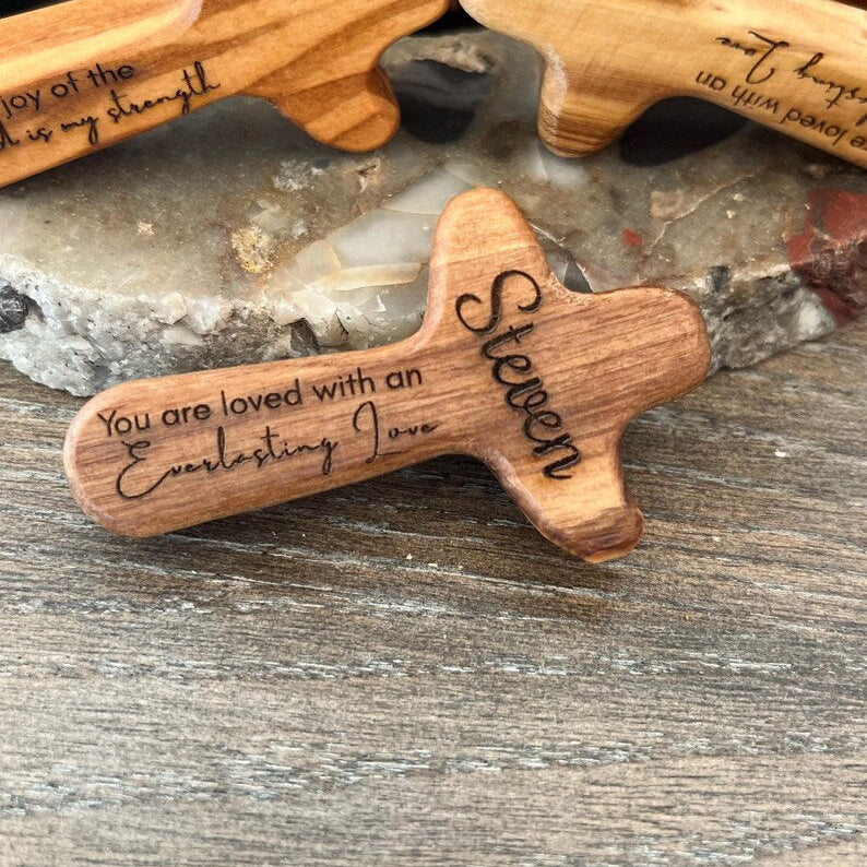 Custom Engraved Wood Cross, Personalized Pocket Cross Christian Gift for Her Him, Religious Birthday Gift, Baptism Baby Christening Present, Wooden Cross Confirmation Gift for Kids