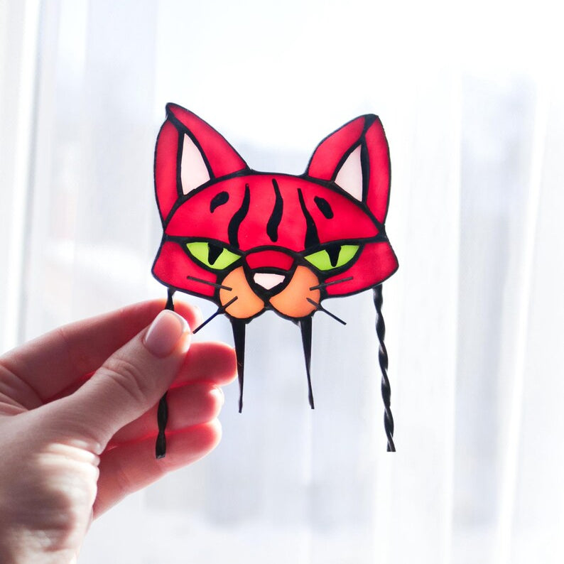 🐱 Stained Glass Cat Plant Topper – Whimsical Garden Decor