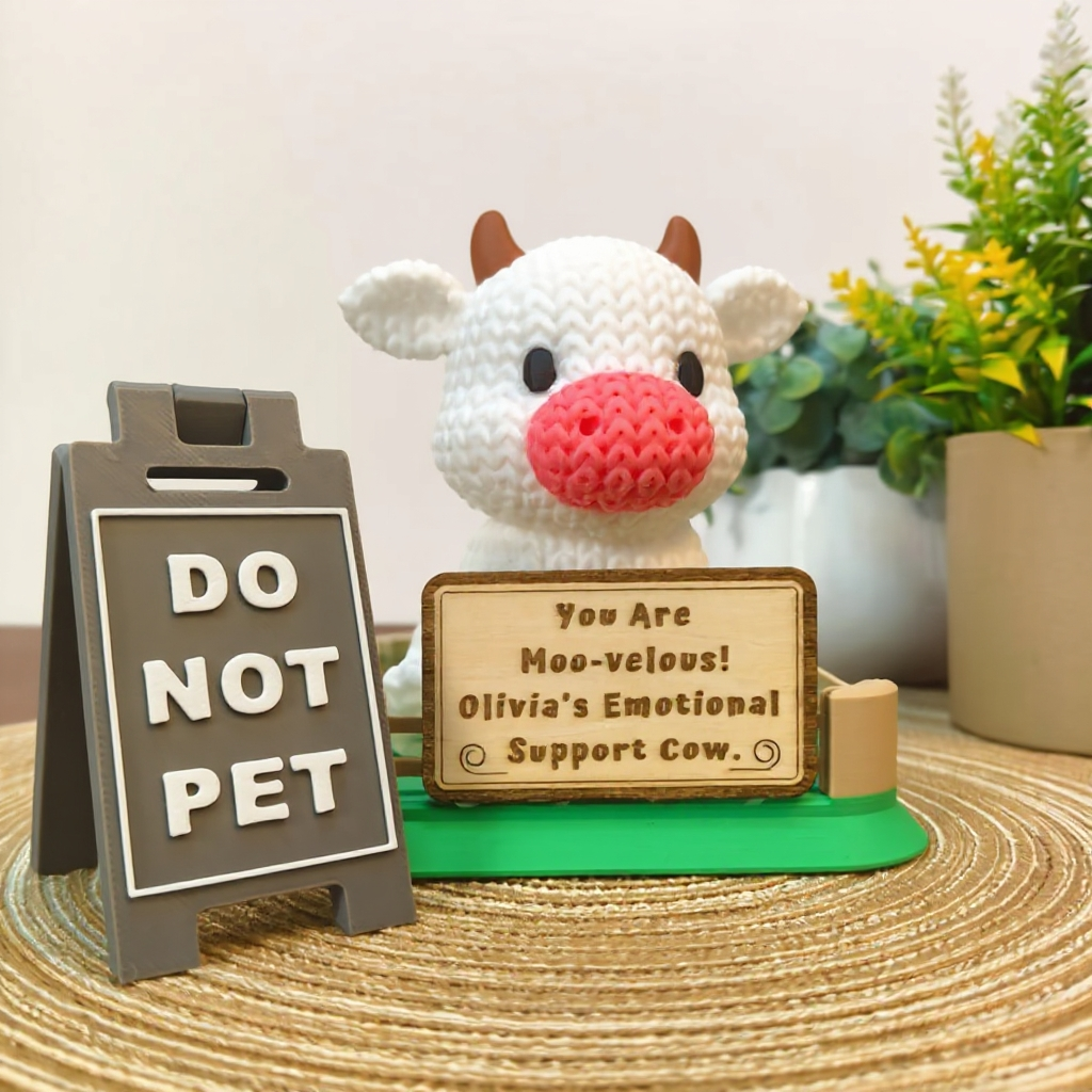 Emotional Support Cow Desk Buddy | Personalized Cow with Custom Wooden Sign