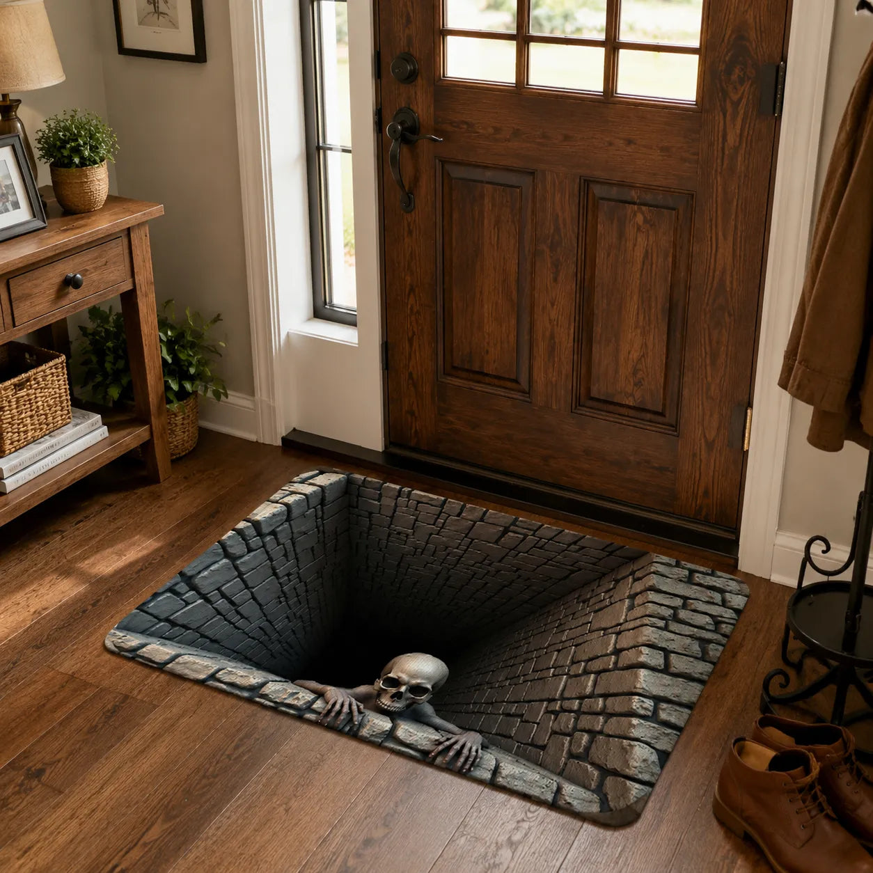 🎃 3D Skull &amp; Brick Hole Doormat – Halloween Decor That’s ActuallyScary and Fun