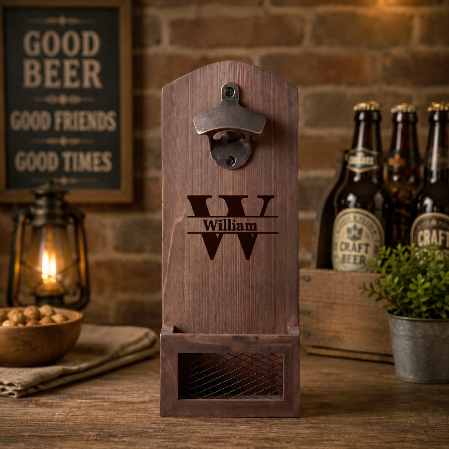 🍺 Personalized Wooden Bottle Opener With Cap Catcher