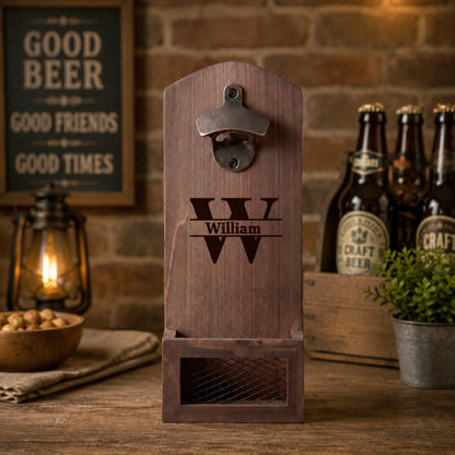🍺 Personalized Wooden Bottle Opener With Cap Catcher