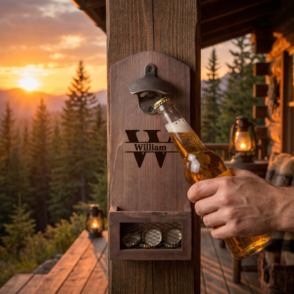 🍺 Personalized Wooden Bottle Opener With Cap Catcher