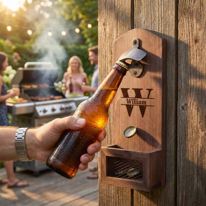 🍺 Personalized Wooden Bottle Opener With Cap Catcher