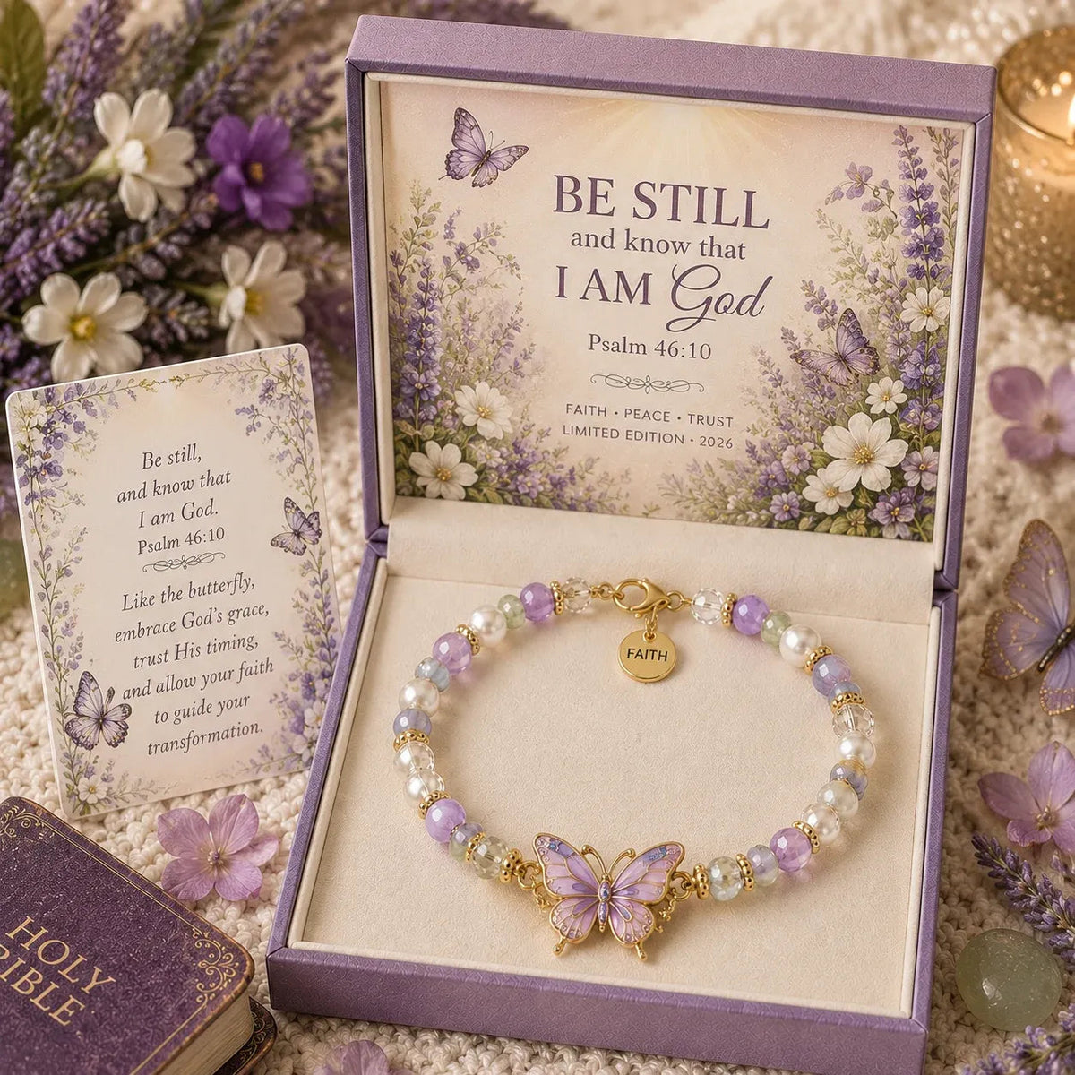 ✝️ Psalm 46:10 Faith Bracelet | Limited Edition 2026 Christian Jewelry with 7 Meaningful Nature Symbols, Gemstone-Style Beads & Scripture Gift Box