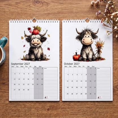 2027 Highland Cow Wall Calendar – Cute Monthly Planner Calendar, Farmhouse Animal Desk & Wall Calendar with Notes Section