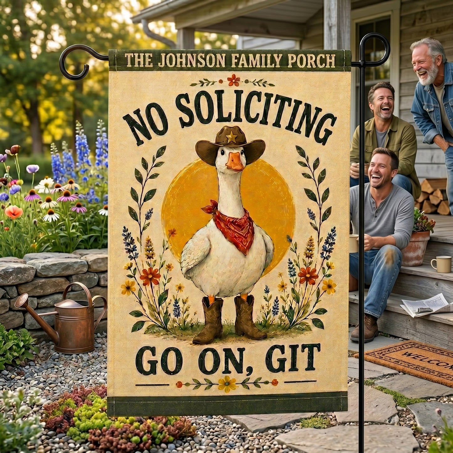 Personalized "Go On, Git" Cowboy Goose Garden Flag
