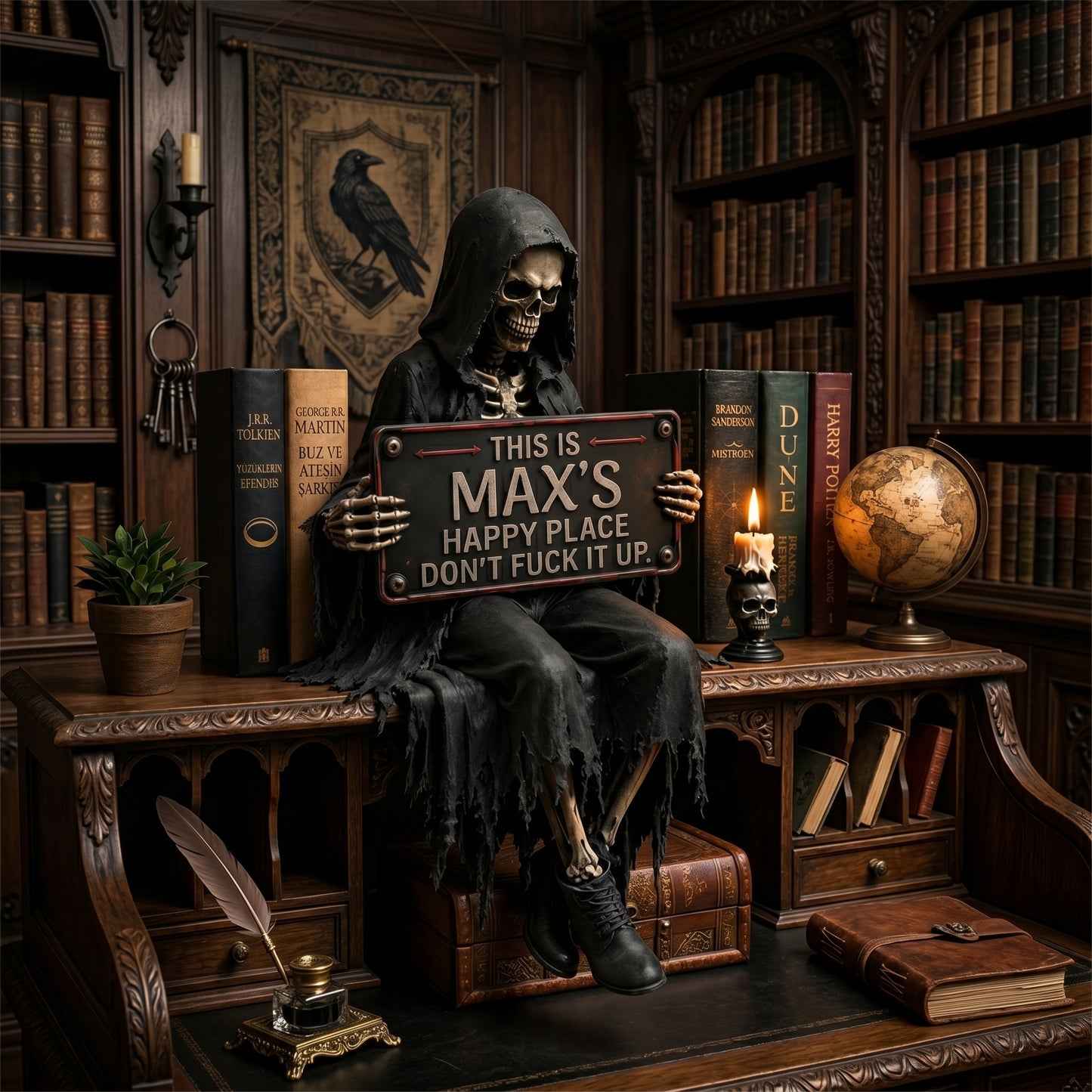 Personalized “Happy Place” Skeleton Bookshelf Decor