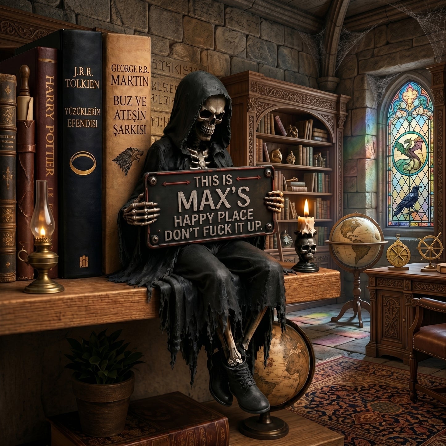 Personalized “Happy Place” Skeleton Bookshelf Decor