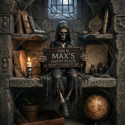 Personalized “Happy Place” Skeleton Bookshelf Decor